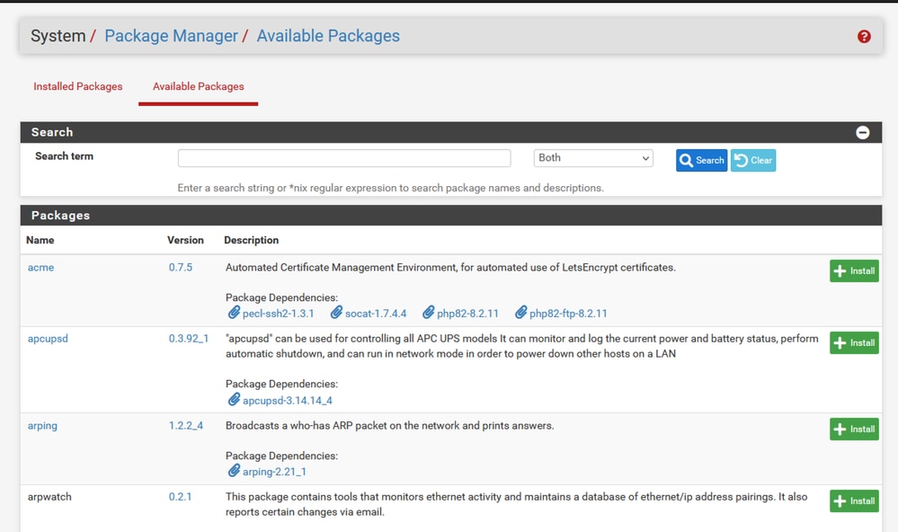 pfSense GUI - Package List