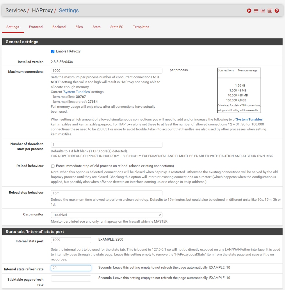 pfSense GUI - HAProxy Main Settings