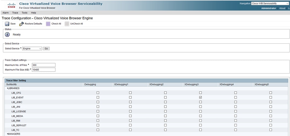 Cisco VVB Trace Configuration view