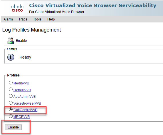 In Logs Profile Management, select CallControlVVB and Enable