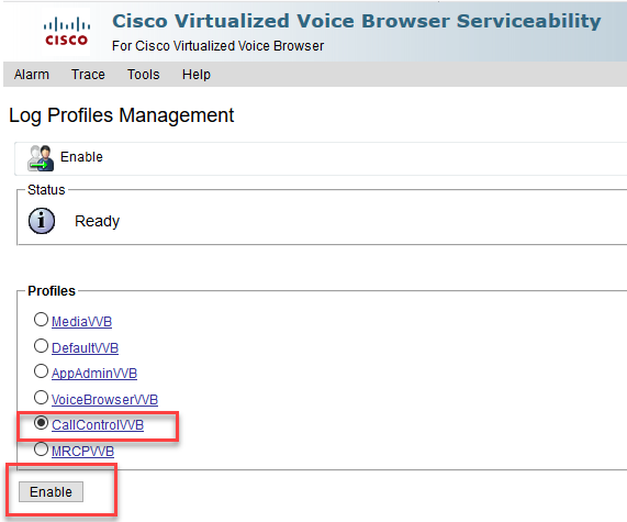 In Logs Profile Management selecteert u CallControlVVB en schakelt u deze in