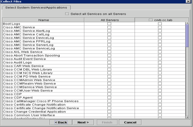 Caixa de diálogo Coletar arquivos - Selecionar serviços/aplicativos do sistema