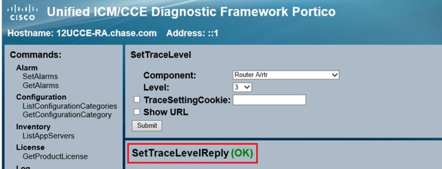 Diagnostic Framework Portico – Set Trace Levels view confirmation