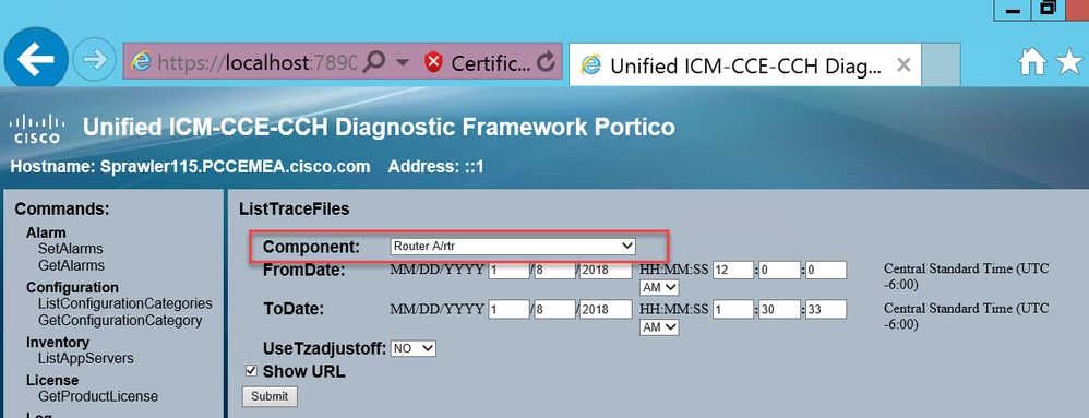 Portique du cadre de diagnostic - Affichage ListTraceFiles