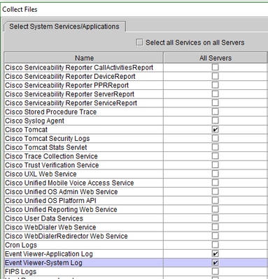 Select Tomcat and Event viewer logs for Logs Download