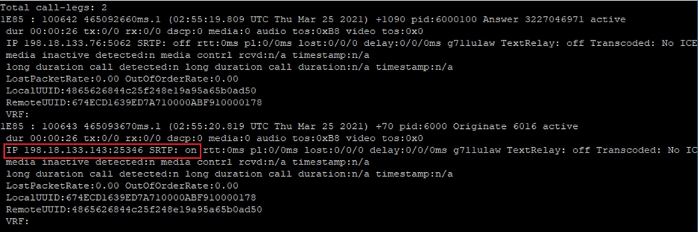 show call active voice brief Command Output on CUBE SSH Console