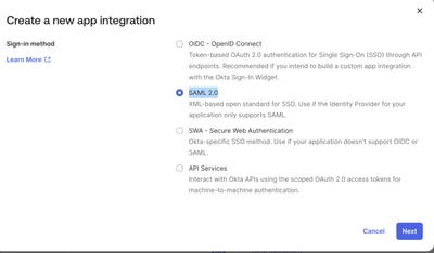 Choose SAML 2.0 on OKTA