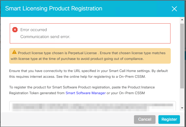Smart Licensing Registration Error Message