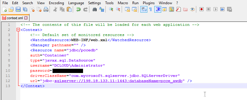 Image Showing Location of the Username and Password Parameters within the Context .xml File