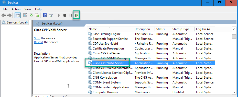 Windows Services Image Showing the Cisco CVP VXMLServer Service Location