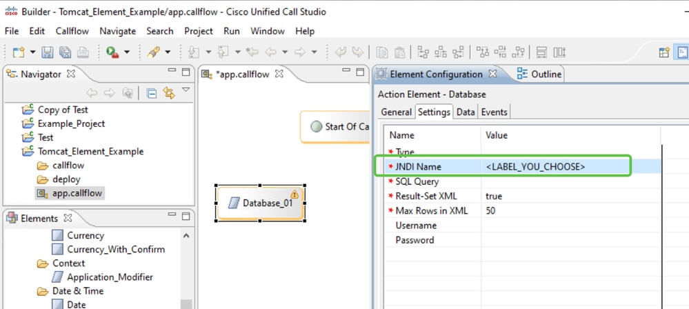 Image of Cisco Unified Call Studio Database Element Setting JNDI Name Location
