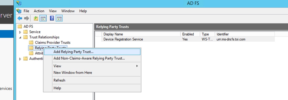 Access Relying Party Trusts in ADFS for Trust Relationship Configuration