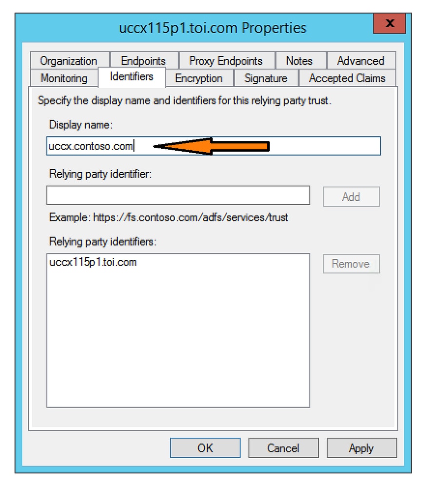 Set the Identifier as Fully Qualified Hostname for Relying Party Trust in ADFS Configuration