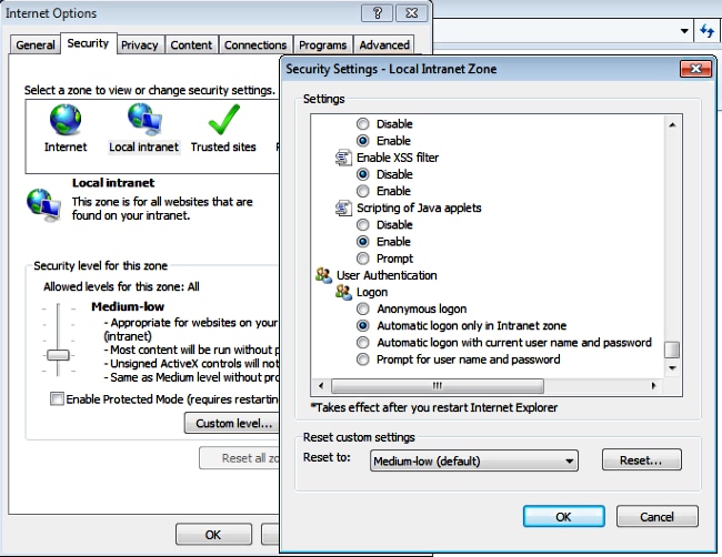 Configure User Authentication for Intranet Sites in Internet Explorer Local Intranet Security Settings