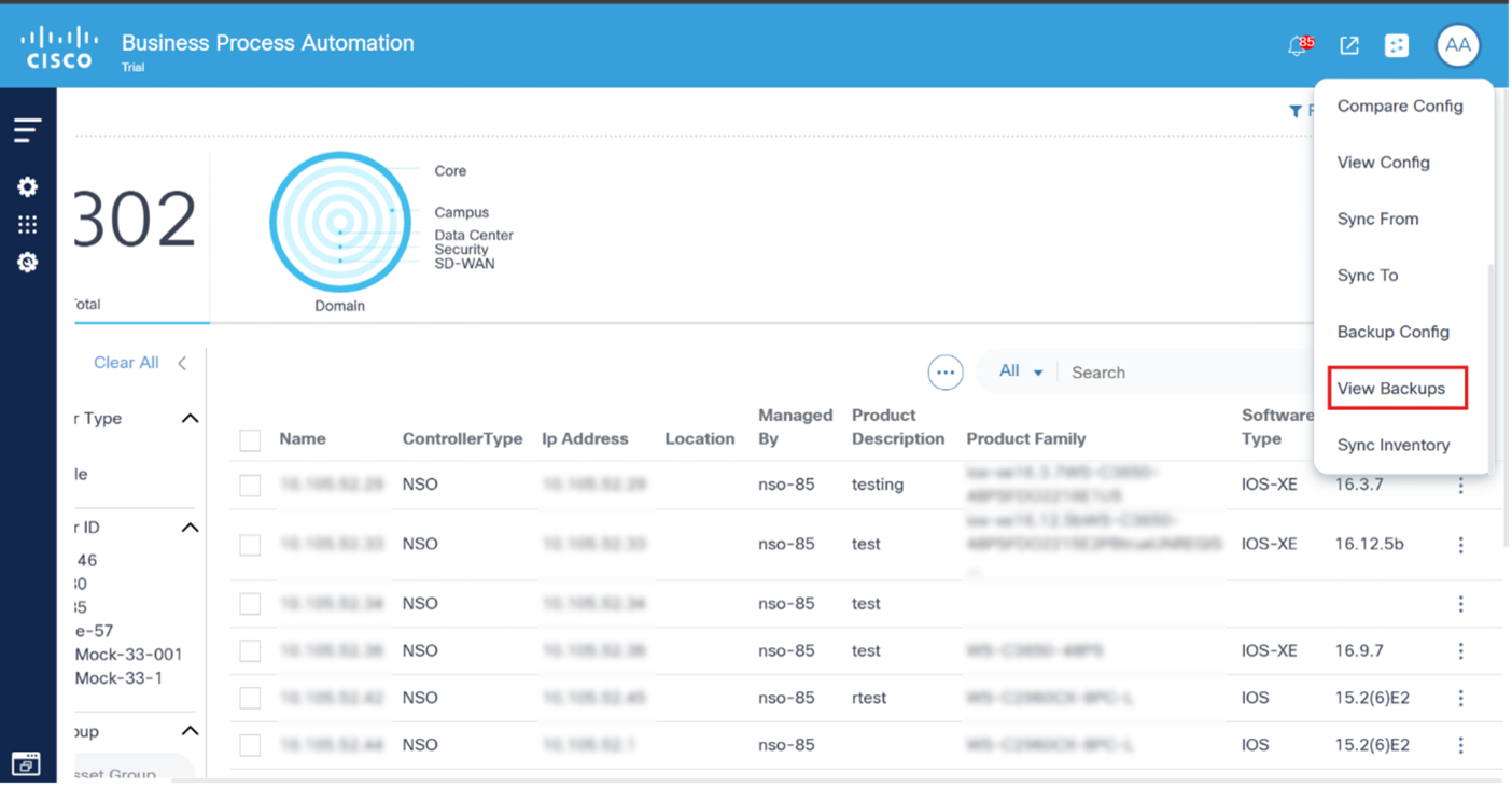 Assets View Backups Action