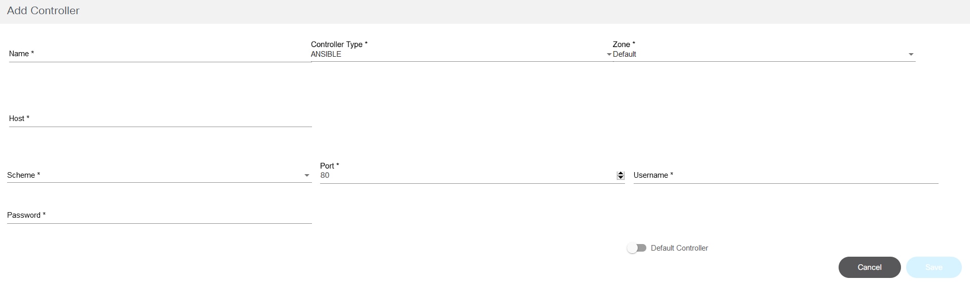 Add Controller Window: ANSIBLE