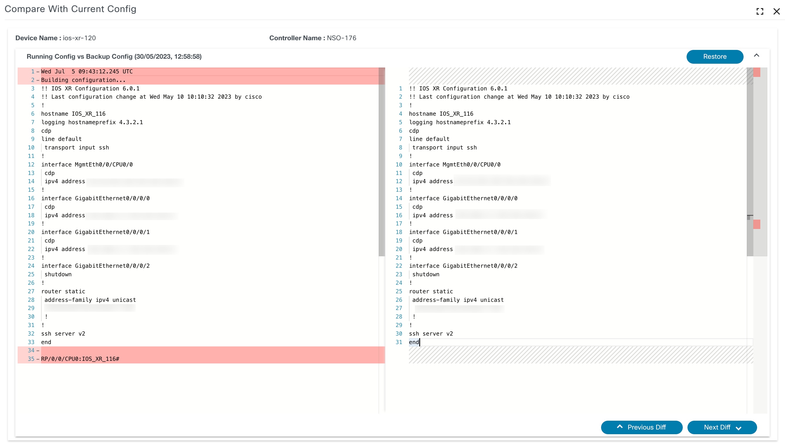 Compare Configuration Window