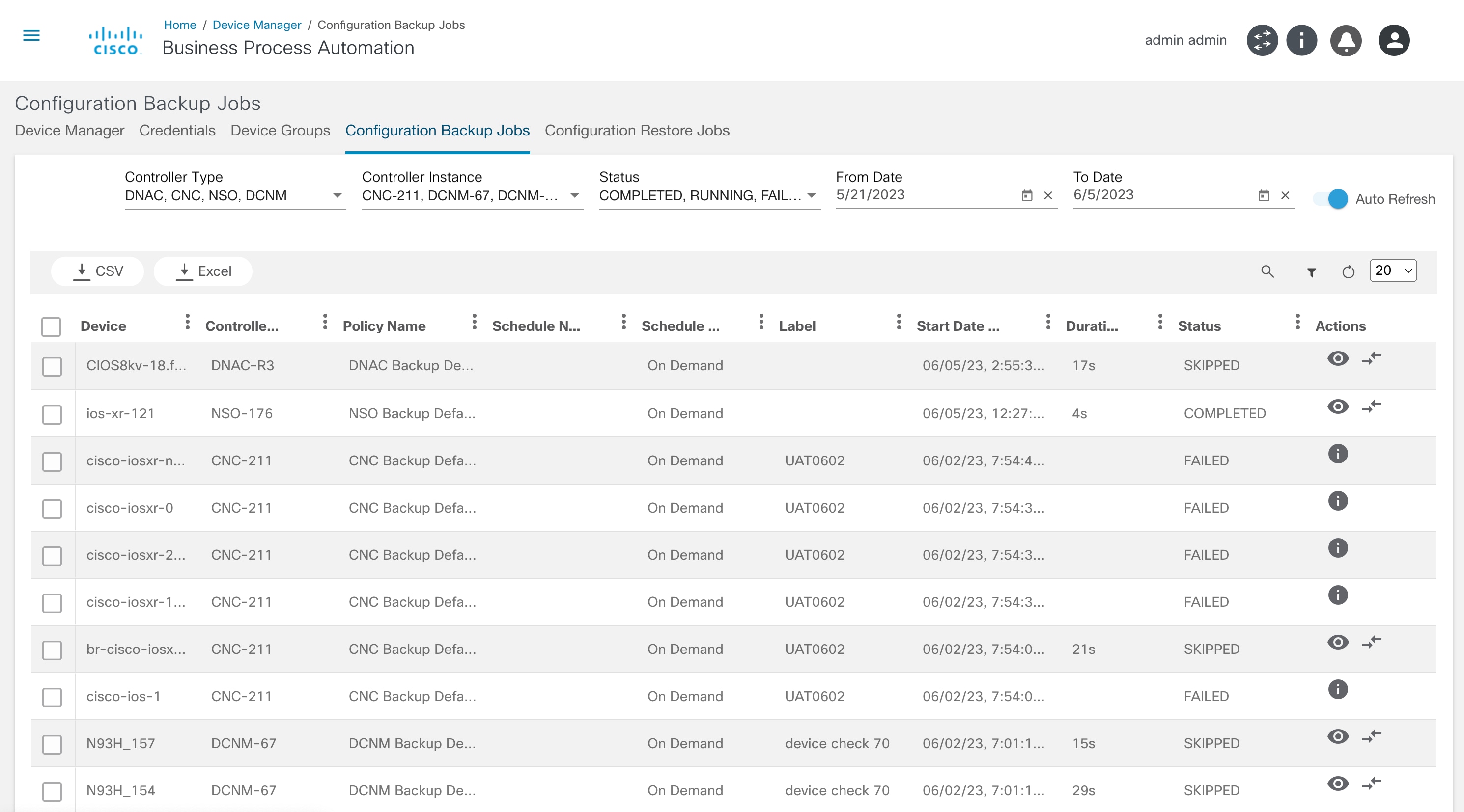 Configuration Backup Jobs Grid