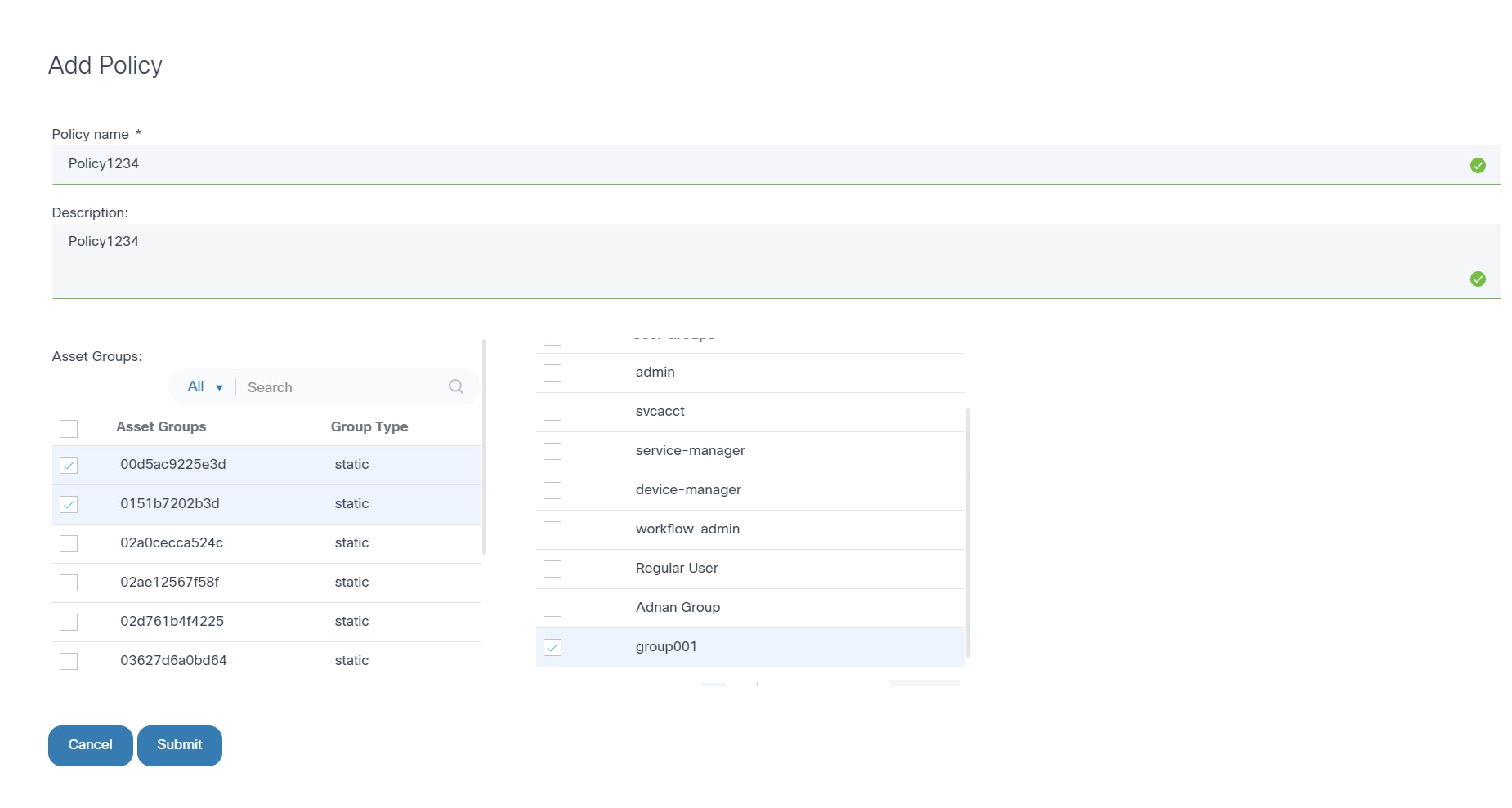 Add Policy Selection