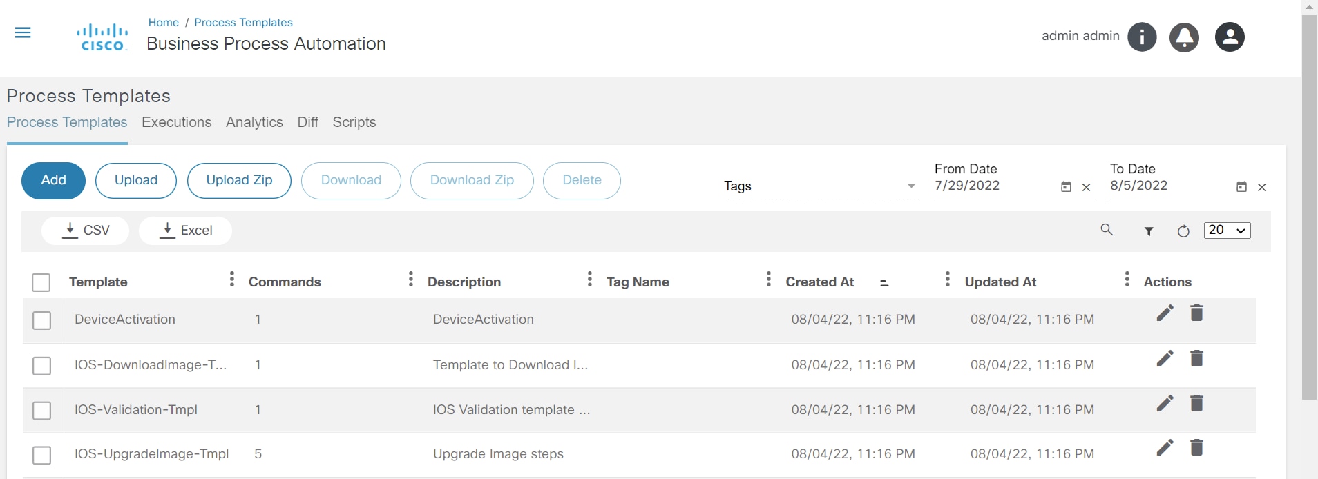 Process Templates Screen