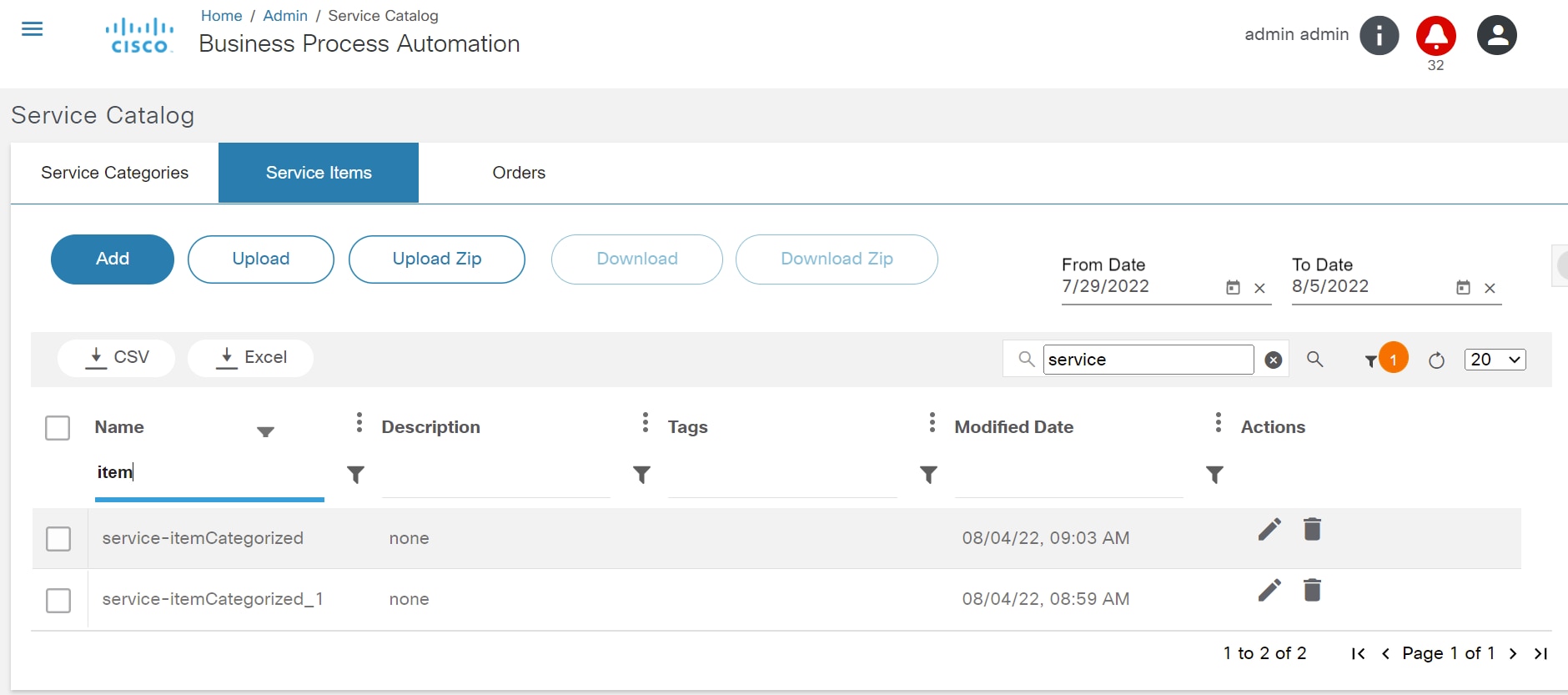 Service Items Page