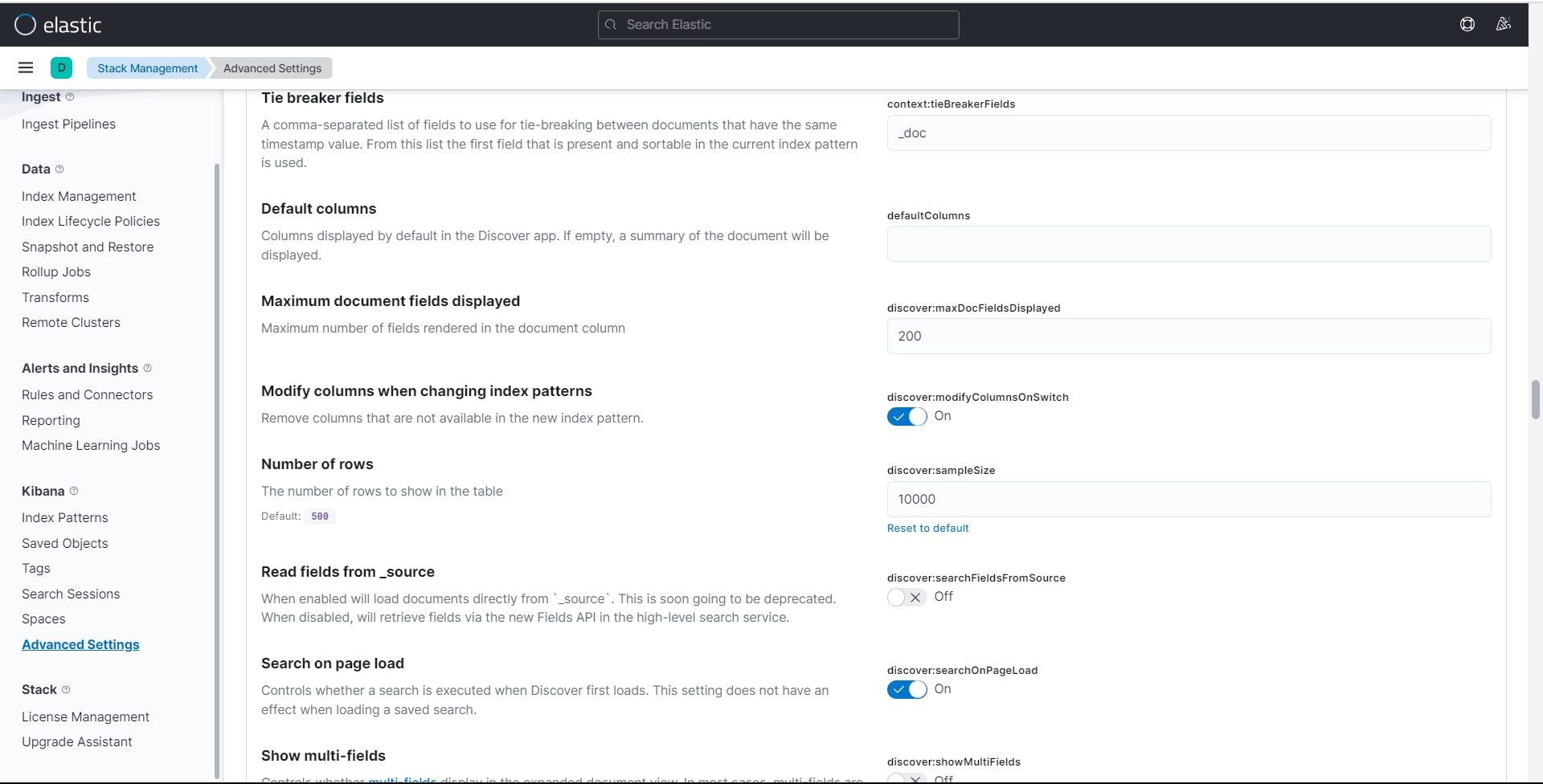 ELK Advanced Settings Page