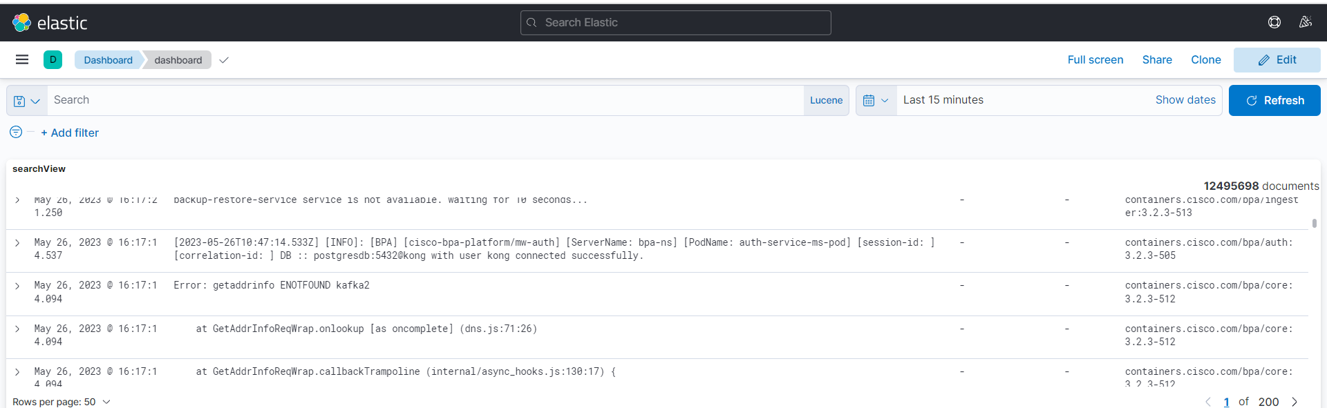 Dashboard view which can also be used to search BPA logs