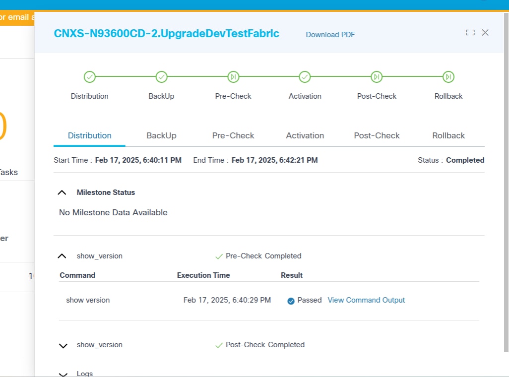 Distribution Milestone View with Pre-Check Command Output