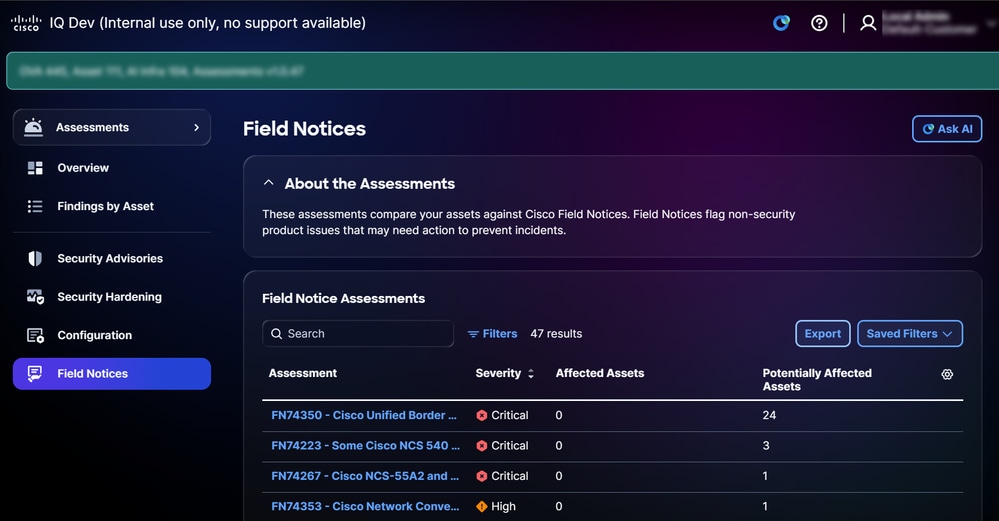 Viewing Assessments for Field Notices