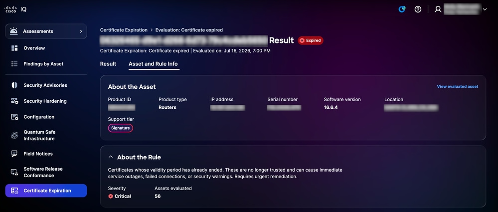 Certificate Expiration Asset and Rule info Tab