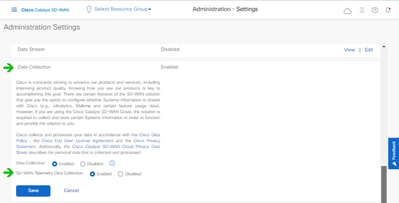 Data Collection and SD-WAN Telemetry Data Connection Enabled