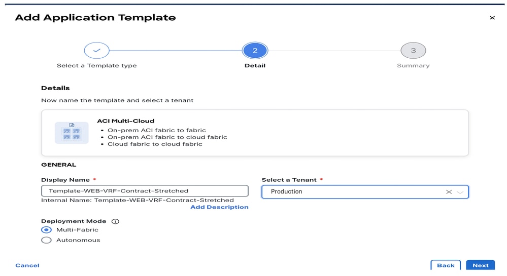 Add Template name Template-WEB-VRF-Contract-Stretched, Choose Tenant Production