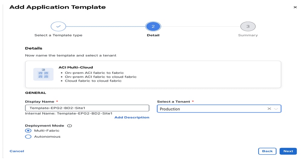Add Template Name Template-EPG2-BD2-Site1, Choose Tenant Production