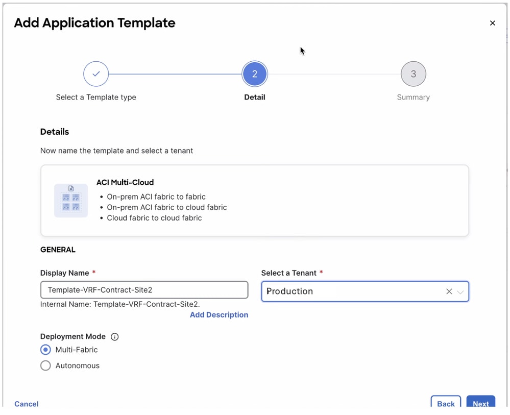 Add Template Name Template-VRF-Contract-Site2, Choose Tenant Production