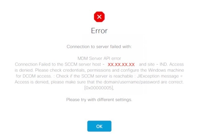 Connection to server failed with: MDM Server API error message