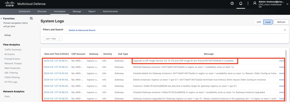 Image 11. System logs related to the gateway upgrade process.