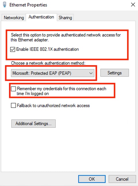 Propriedades Ethernet de Autenticação