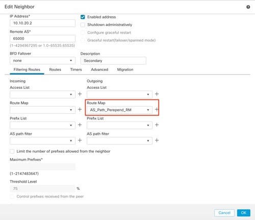 Configure AS path prepend on secondary peer