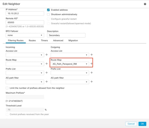 Configure AS path prepend on secondary peer