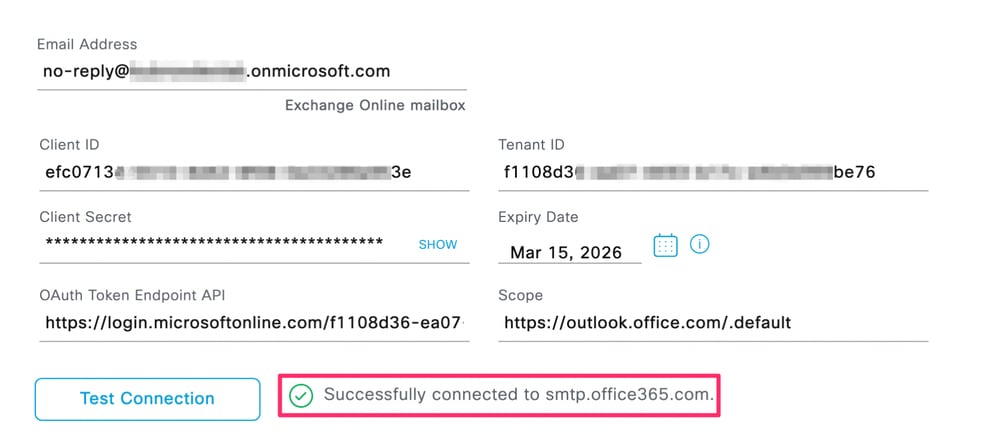 Successful Test Connection to SMTP Sever