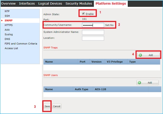 FTD SNMP - Configure FXOS SNMP v1 or v2c - Platform Settings tab