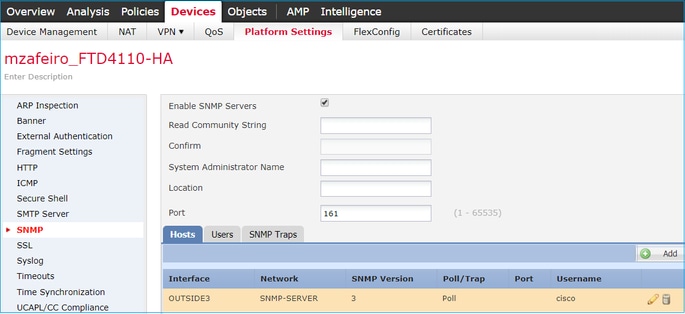 FTD SNMP - Configure LINA SNMPv3 - Devices tab