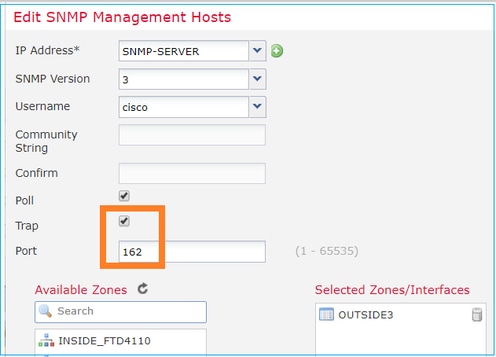 FTD SNMP - Configure LINA SNMPv3 - Edit SNMP Management Hosts dialog box