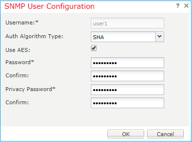 FTD SNMP - SNMP User Configuration dialog box