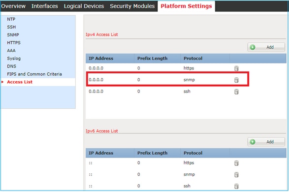 FTD SNMP - Configure Global Access list via GUI - Platform settings