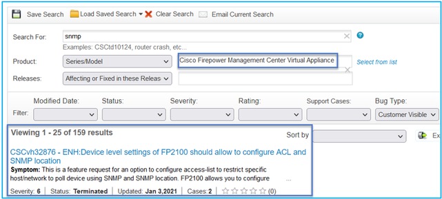 FTD SNMP - Search for SNMP defects - Bug Search Tool results example
