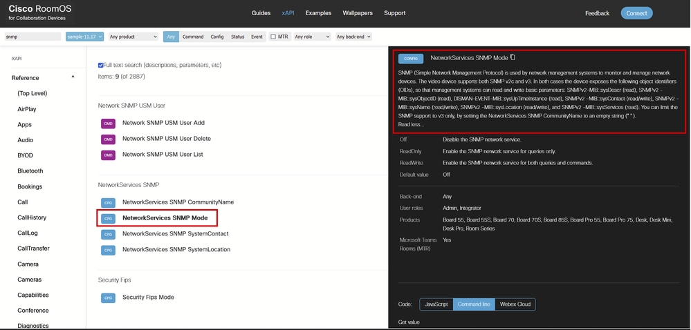 NetworkService SNMP Mode Command Description in Room OS xAPI Documentation