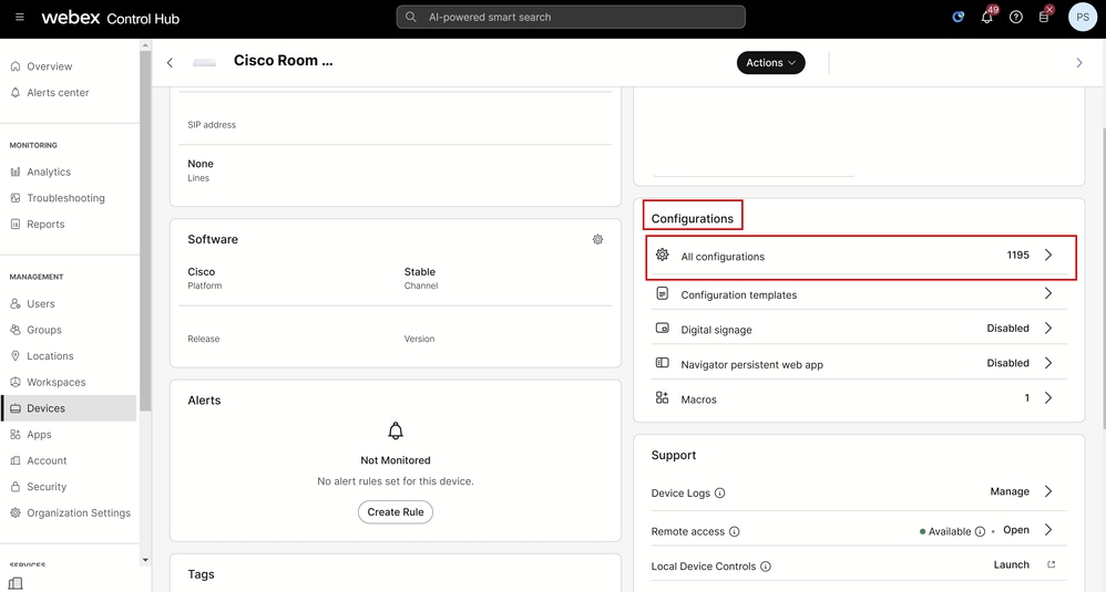 Control Hub Device Details for Room Kit Pro