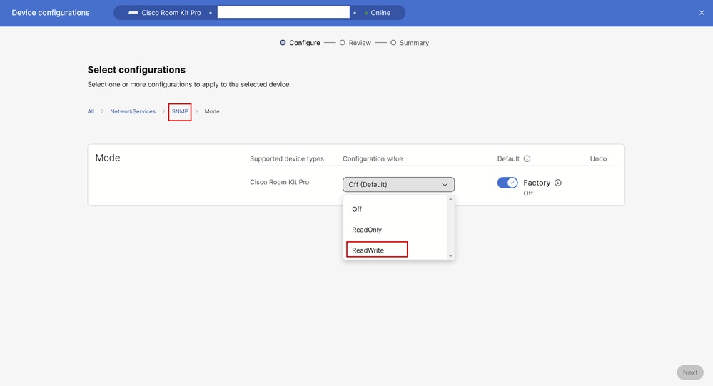 SNMP Mode Setting under All Configurations in Control Hub