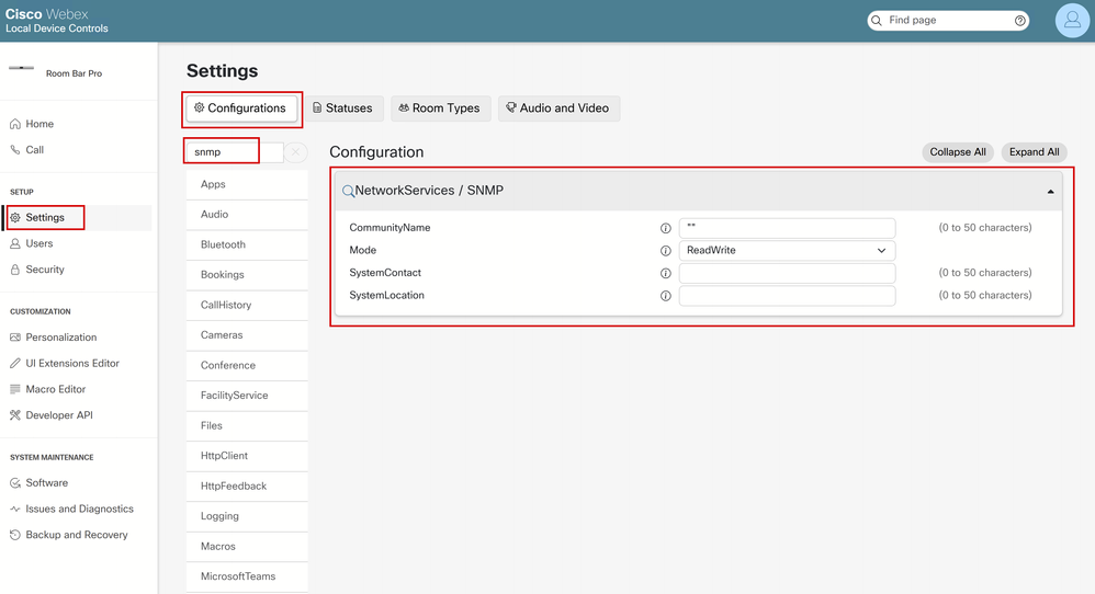 SNMPv3 Configuration on the Endpoint's GUI